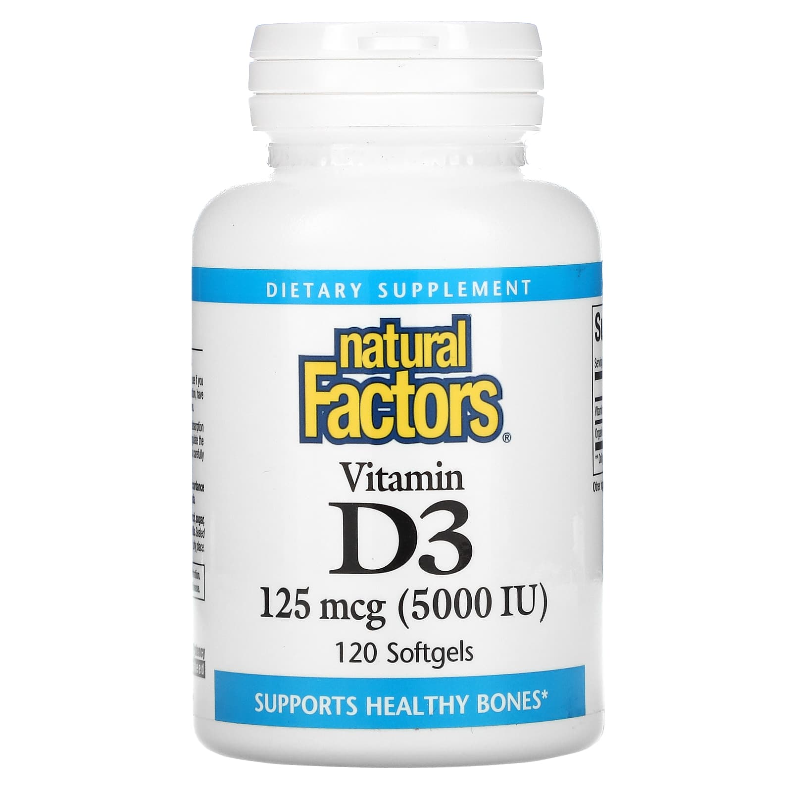Natural Factors, Vitamin D3, 125 mcg (5,000 IU), 120 Softgels UPC 068958010564 | HiLife Vitamins